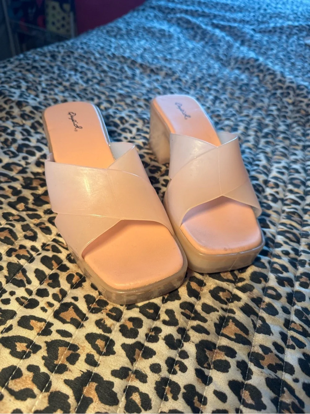 Qupid Blush Pink Crossband Block Heel Slides